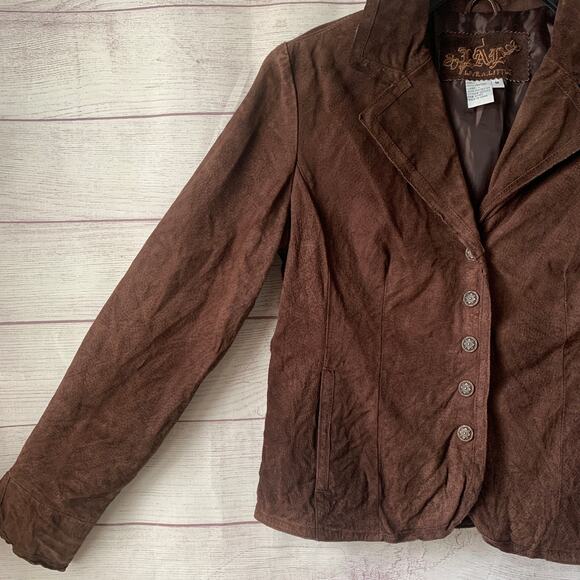 LAL Live A Little Brown Suede Leather Button Up Jacket Blazer Long Sleeve Size M - Picture 5 of 16